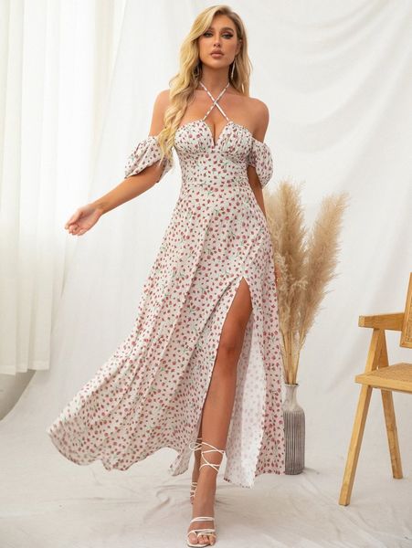 

parthea puff sleeve high split floral print dress a6v3#, Black;gray