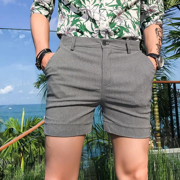 Männer Shorts Männer Sommer Koreanische Mode Dünne Casual Taschen Männlich Slim Fit Plaid Männer Hohe Taille Anzug G88Men's