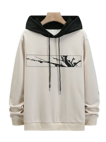 

men tree print colorblock drawstring hoodie n5mf#, Black