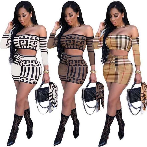 

new two piece dress summer ladies european and american print long sleeves high waist tight skirt two-piece set357u, White