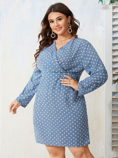 

plus polka dot print surplice neck dress b0yu#, Black