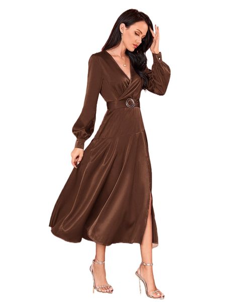 

surplice front split hem satin dress u9aa#, Black;gray