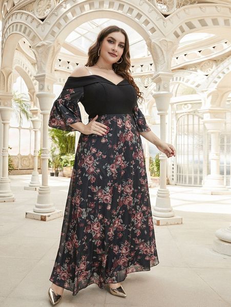 

plus floral print transparent strap flounce sleeve dress z5ff#, Black