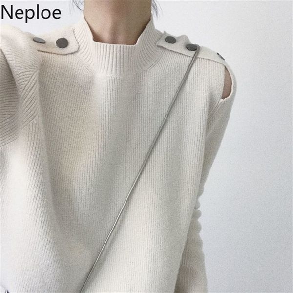 

neploe autumn winter o neck pullover sweater women solid long sleeve shoulder button pull femme knit cross 46827 201225, White;black