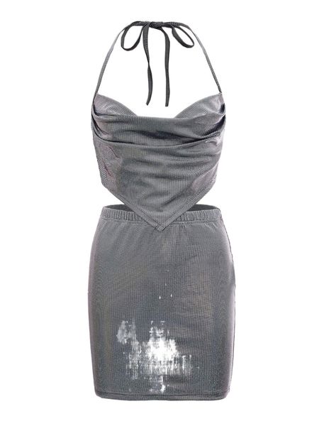 

sequin draped bandana hem tie backless halter & bodycon skirt p5so#, White