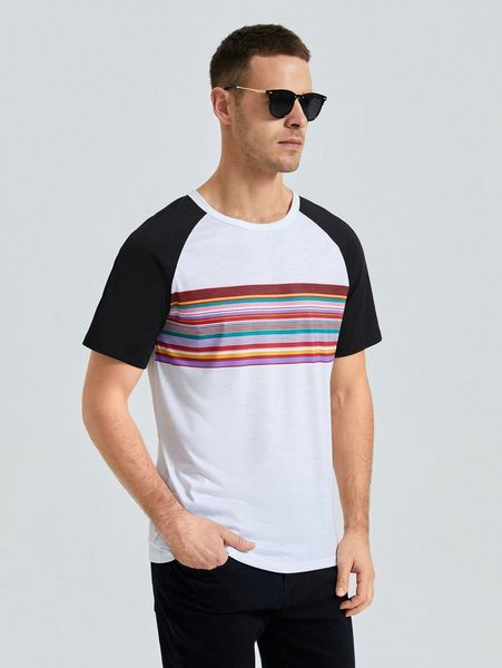 

men block striped contrast raglan sleeve tee b40a#, White;black