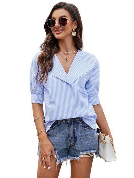 

striped print puff sleeve blouse u4tc#, White