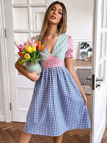 

gingham print colorblock puff sleeve dress j5ff#, Black;gray