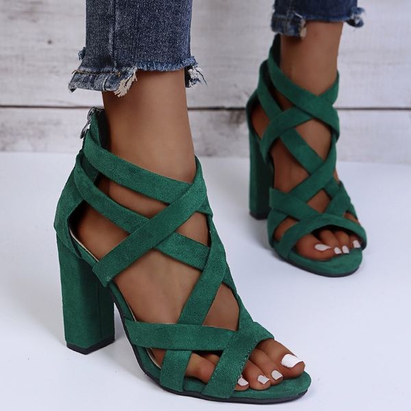 

women pumps summer open toe high heels low block heel gladiator zipper thick with sandals wedges mules shoes 220602, Black