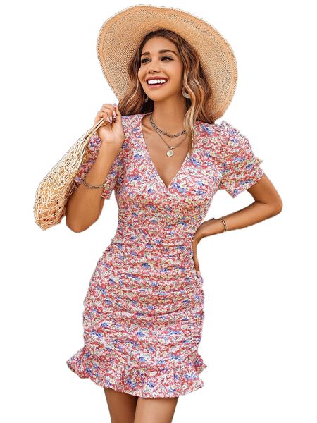 

ditsy floral ruched ruffle hem puff sleeve dress w4p7#, Black;gray