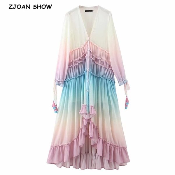 BOHO Farbverlauf Regenbogen Farbe Einreiher Taste Langes Kleid Sexy Frauen Urlaub Holz Ohr Quaste Langarm Rüschen Kleider 220511