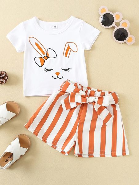 

toddler girls cartoon graphic tee & striped belted shorts she, White