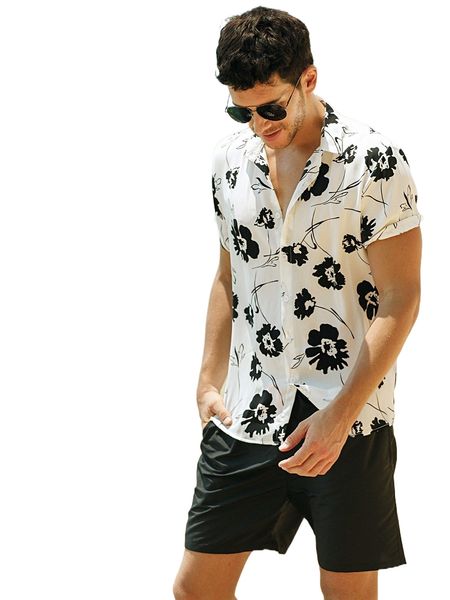 

men floral print button up shirt z904#, White;black