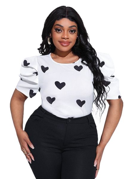 

sxy plus heart print puff sleeve blouse y2mt#, Black