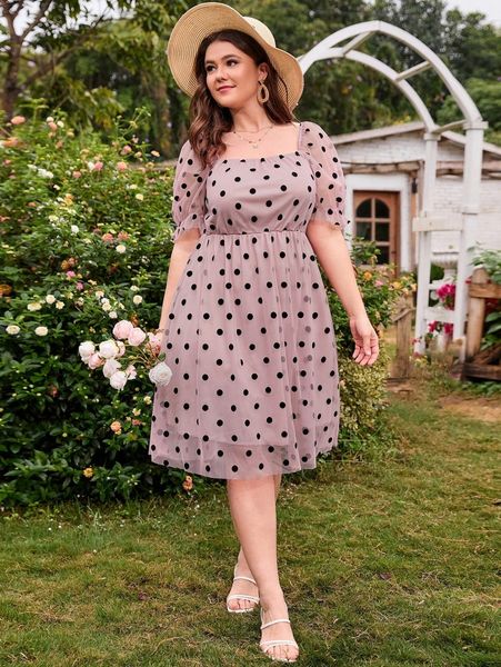 

plus polka dot contrast mesh square neck dress i0da#, Black