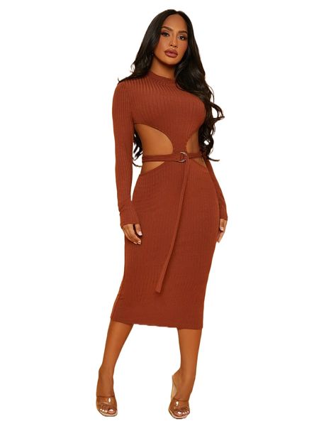 

cut out waist rib knit belted dress 08ju#, Black;gray