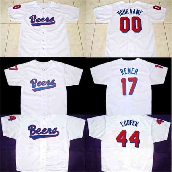 Botão XFLSP Beers Filme Jersey Botão Down Branco 17 Doug Remer 44 Joe Cooper Cooper 100% Personalizado Personalizado Jerseys de Beisebol Qualquer Número Número Vintage Jersey