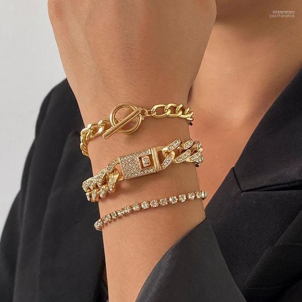 

link chain 3pcs/set cuban miami iced out rhinestone curb bracelets for women punk tennis bracelet on hand jewelry inte22linklink, Black