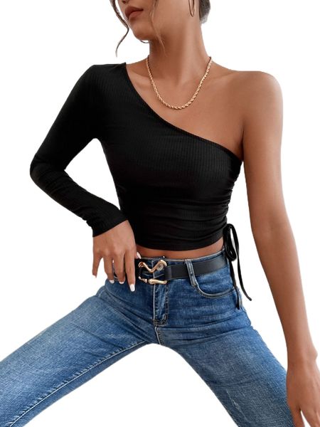 

rib knit drawstring one shoulder crop y5oh#, White