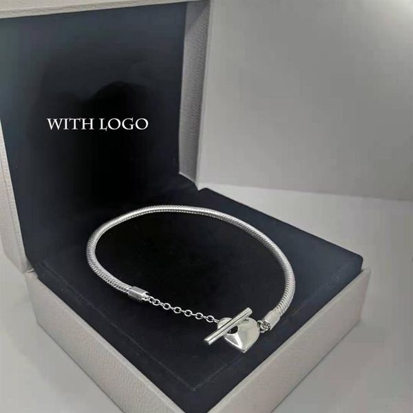 

100% 925 sterling silver snake chain charm bracelets for women diy fit pandora beads with logo design heart t type lady gift242t, Golden;silver