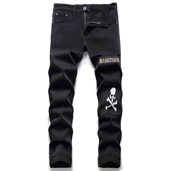 

men's jeans autumn and winter letters embroidery printing dyeing skull elastic small feet slim fit black men's jeans trendy pants, Blue