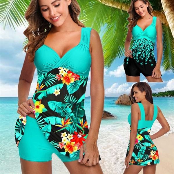 Plus Size Dois Peças Swimsuits Swimsuits Swimwear Mulheres Flor Imprimir Verão Grande Ternos de Banho Tankini Beachwear Sexy Bikini Swimdress 220408