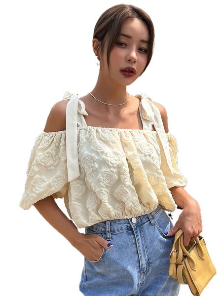 

dazy jacquard floral tie shoulder blouse v8ky#, White