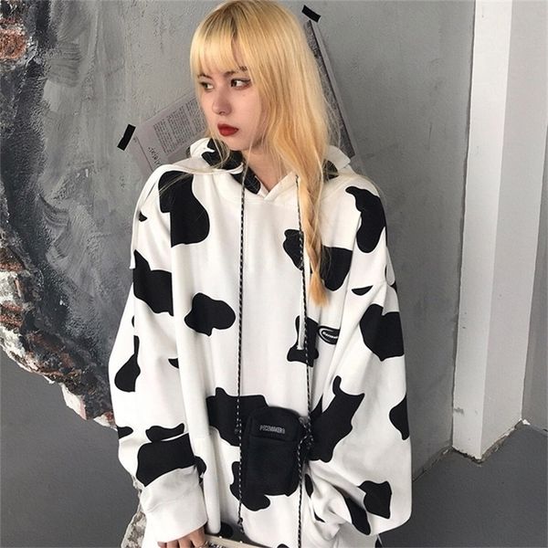 Hoodies de grandes dimensões mulheres moda vaca com estampa de manga longa moleto