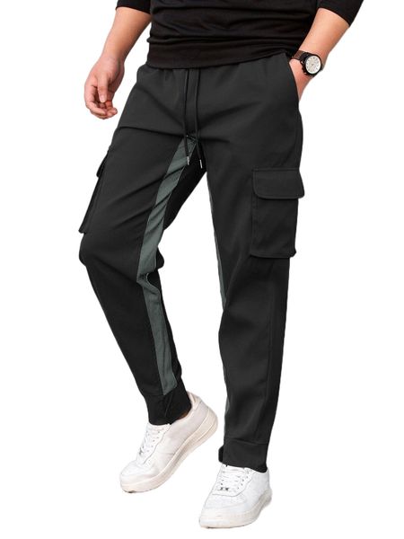 

men contrast side seam flap pocket drawstring waist cargo pants p5tj#, Black