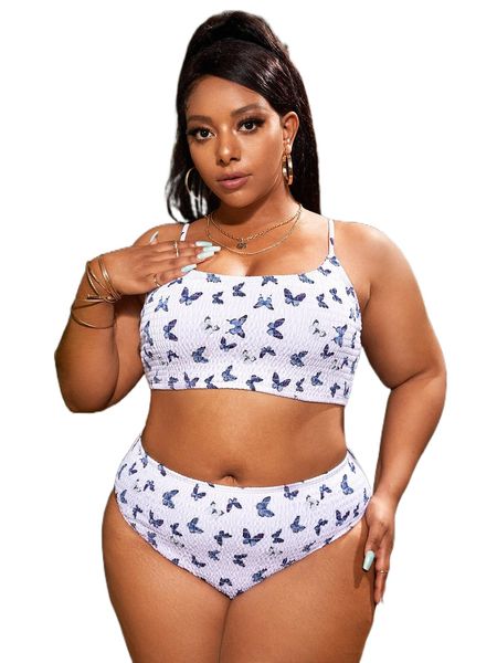

plus butterfly print smocked high waist bikini swimsuit s2mk#, White;black