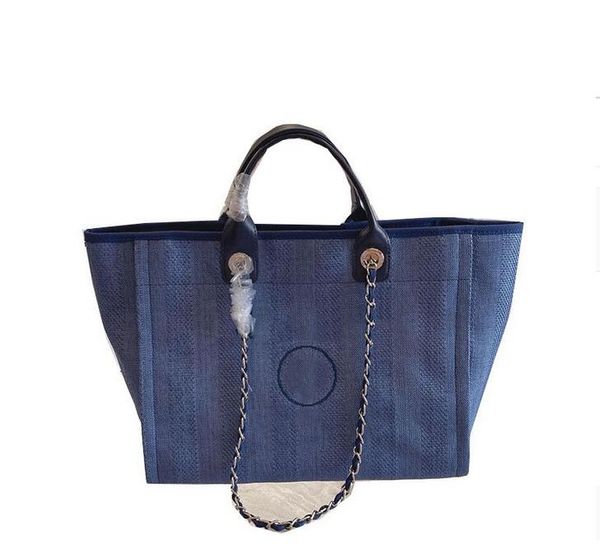 

fashion summer classic tote bag beach canvas chain handle large capacity bag 4 color beige cartable ladies two tone luggage luxury handbag