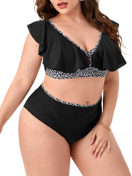 

plus leopard ruffle trim bikini swimsuit 72lz#, White;black
