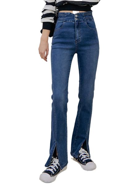 

dazy high waist button fly split hem flare leg jeans g64a#, Blue