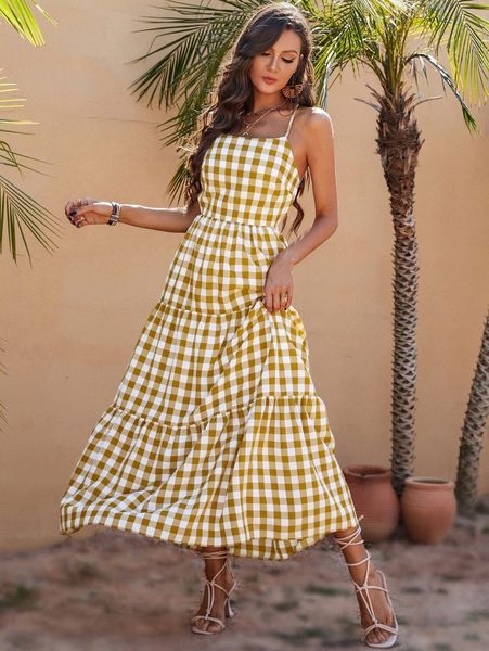 

gingham print ruffle hem cami dress p7q1#, Black;gray