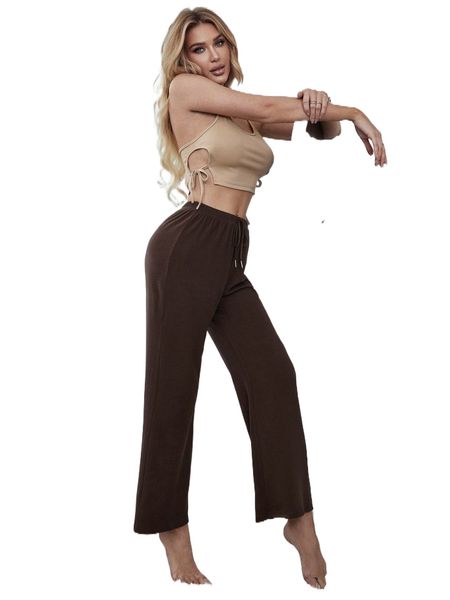 

cut out drawstring crop cami & pants pj set 11lc#, Black;red