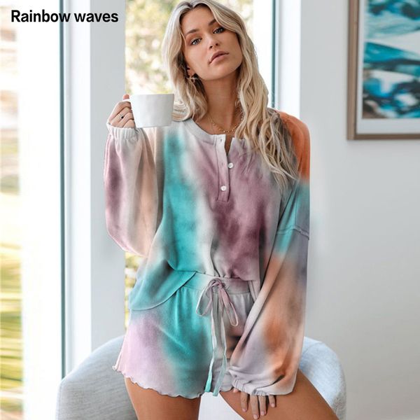 

rainbowwaves women pajamas sets tie dye printing ruffle short casual long sleeved and shorts two piece pajamas 220621, Black;red
