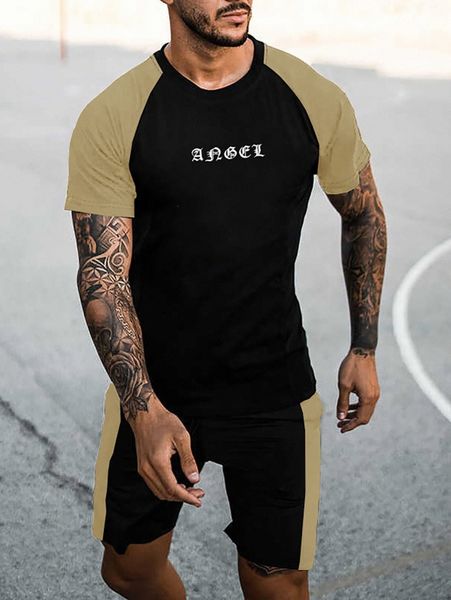 

men letter graphic colorblock tee & contrast side seam shorts w2nh#, Gray