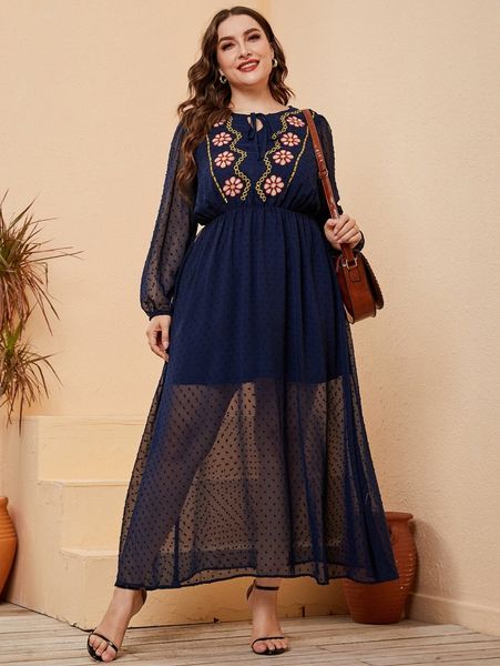 

plus swiss dot floral embroidery tie neck dress s1qb#, Black