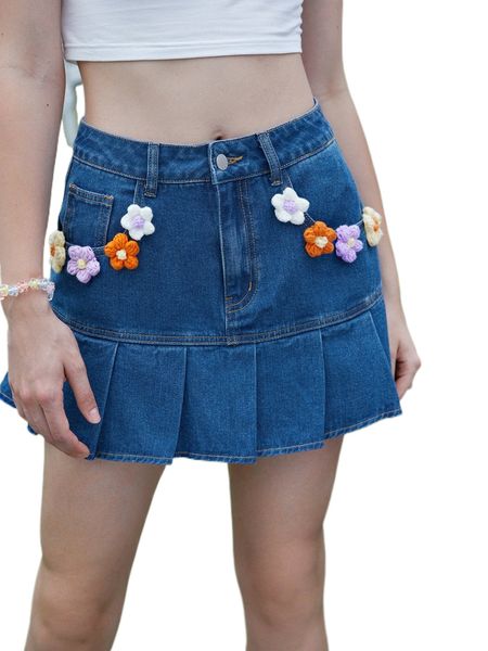 

mod appliques pleated hem denim skirt k00q#, Black
