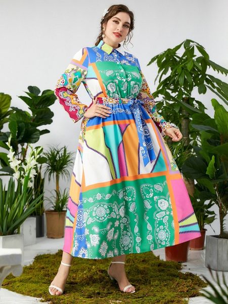 

plus scarf print belted shirt dress t5qs#, Black