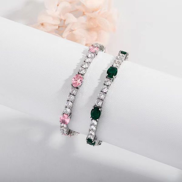 

6mm oval zircon bracelet tennis chain men and women's rock hip hop jewelry pink green color, Black