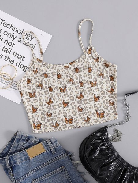 

butterfly & leopard cami crop d0ns#, White