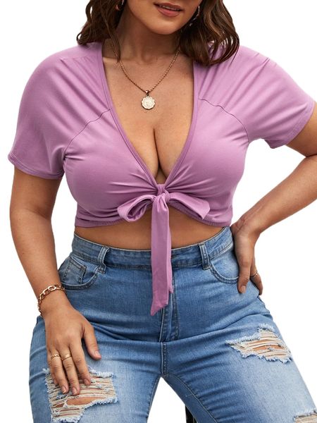 

plus solid tie front crop k7z9#, Black