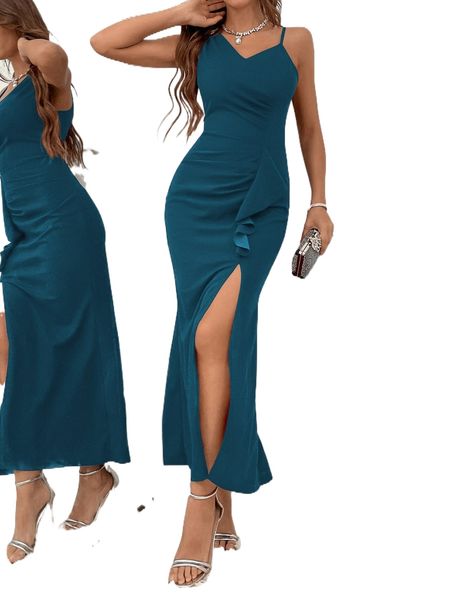 

asymmetrical shoulder ruched draped split thigh dress 424d#, Black;gray