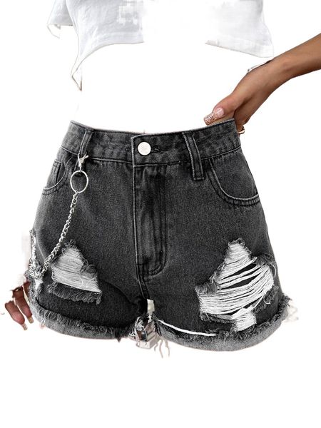 

ripped raw hem chain side denim shorts 00wd#, White;black