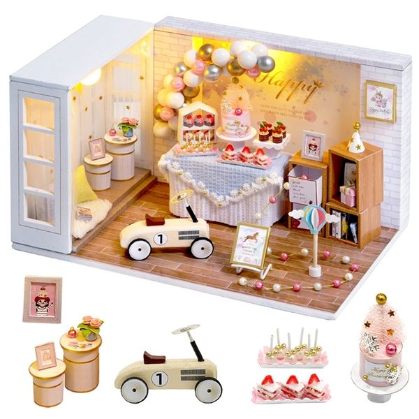 Holz Puppenhaus Miniatur Puppenhaus DIY Puppenhaus mit Möbel Kit LED Spielzeug für Kinder Geburtstagsgeschenk Camp Party LJ201126