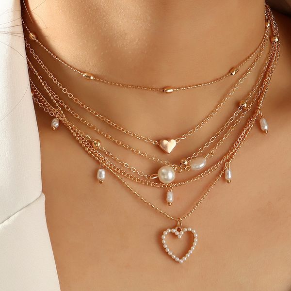 

multiple women's pearl tassel wedding multi-layer necklace peach heart, Silver