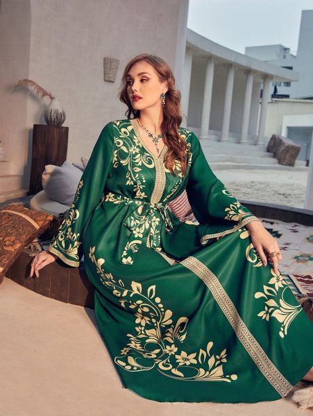 

plus floral print contrast tape belted dress l8mw#, Black