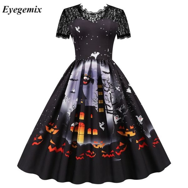 

special occasions lace retro halloween dress women costumes short sleeve 50s 60s vintage party dresses skull witch scary holloween clothes c, Blue
