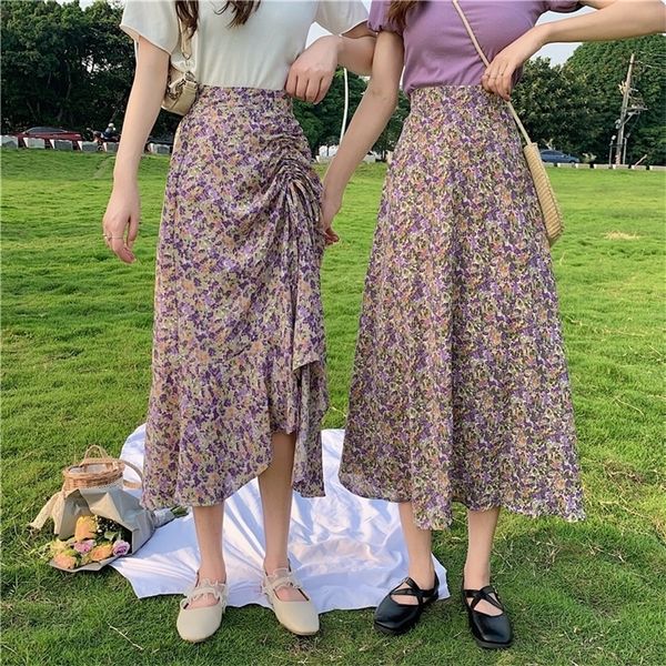

vintage floral print ruffle pleated long skirts summer women korean skirt streetwear drawstring elastic waist midi skirt 210315, Black